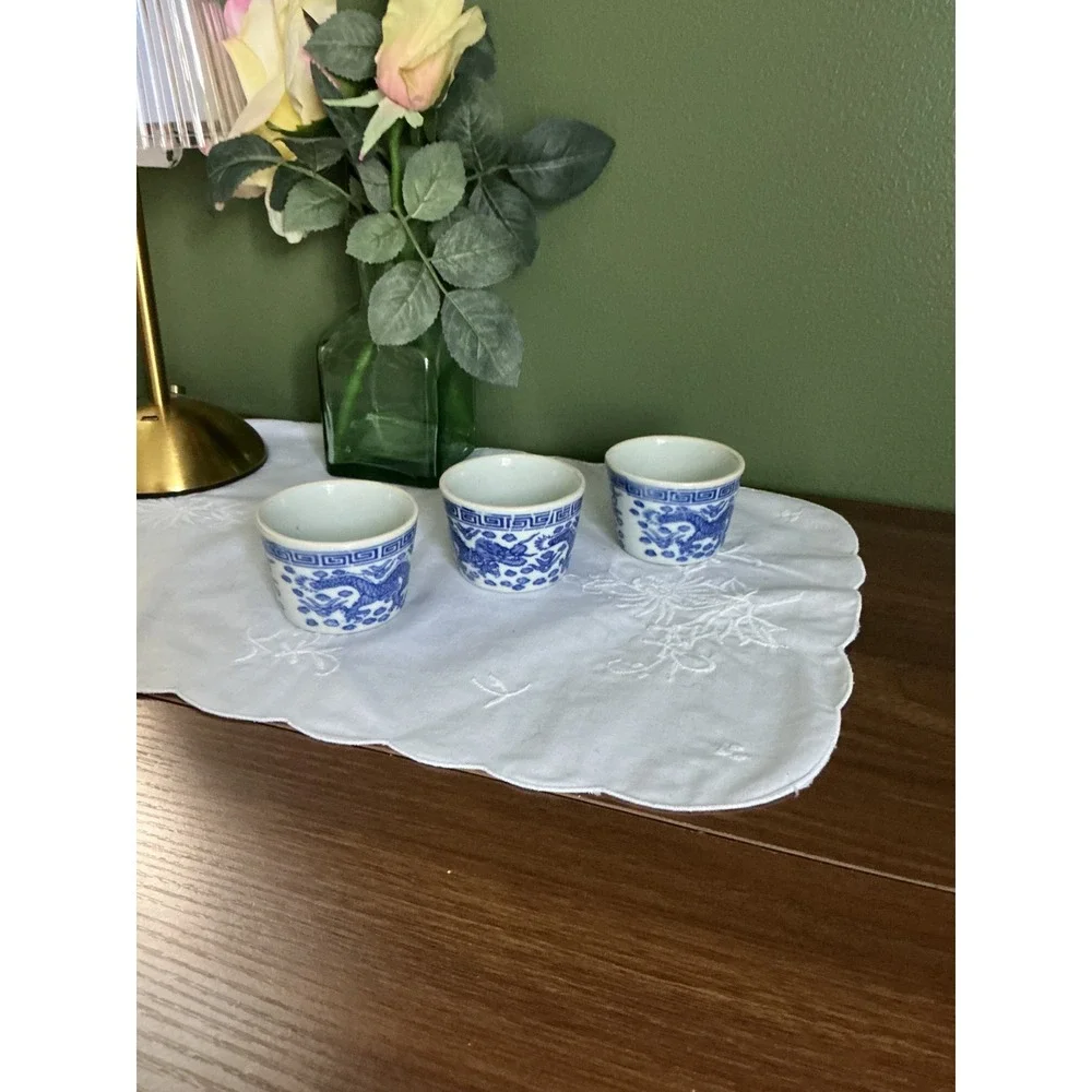 Vintage Blue and White Sake Cups Set of 3 | Japanese Porcelain Cups